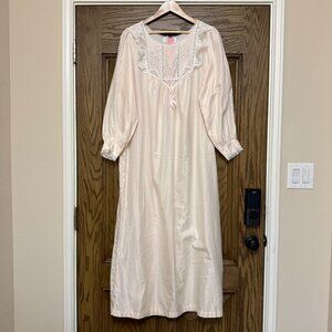 Barbizon Full Length Vintage Nightgown Lace Front Floral Embroidery Long Sleeve